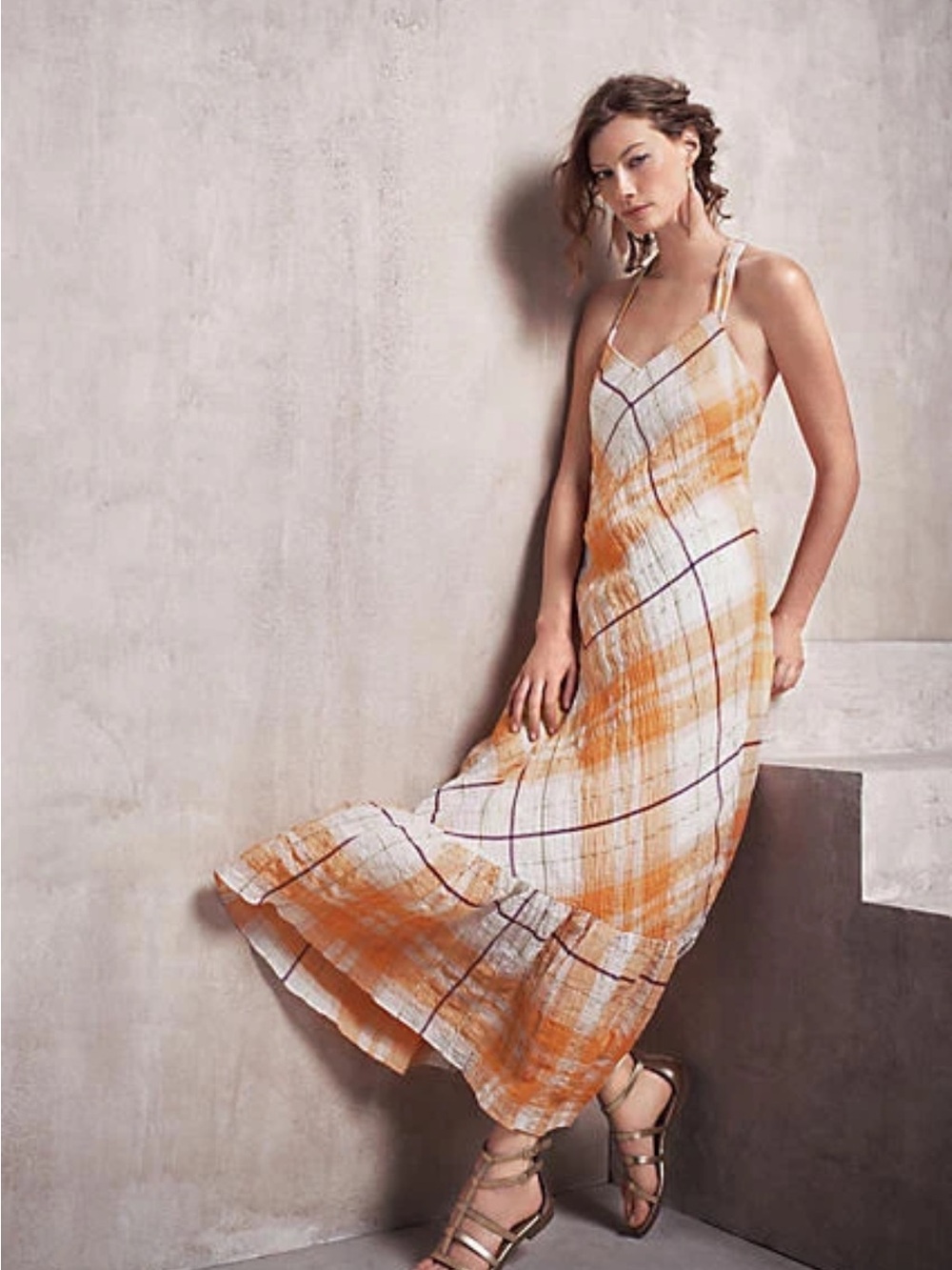 HOLDING HORSES Clementine Orange Plaid Sleeveless Maxi Dress